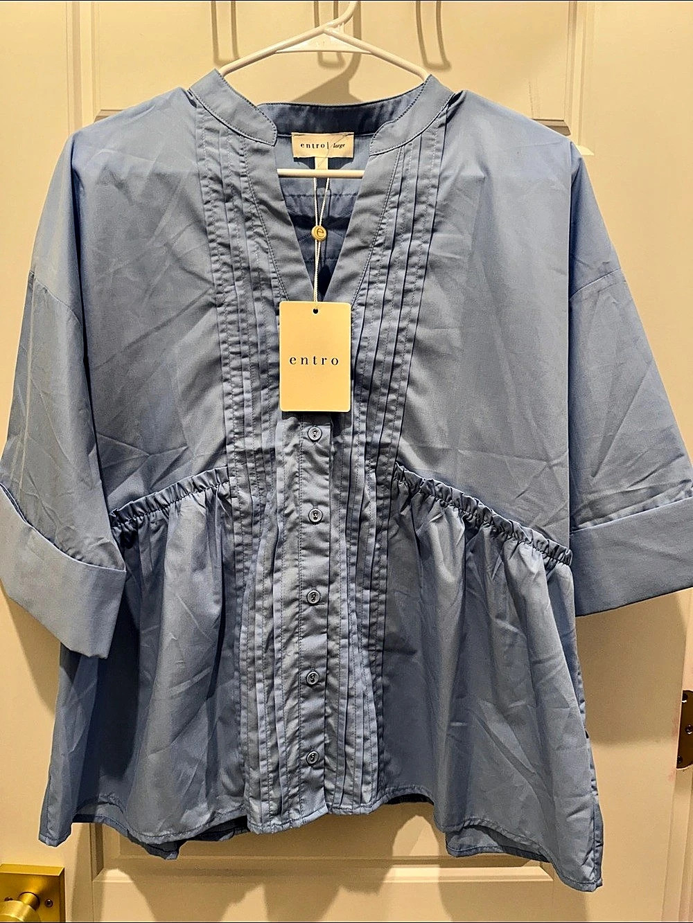 entro Blue Pintuck Blouse Size Large NWT